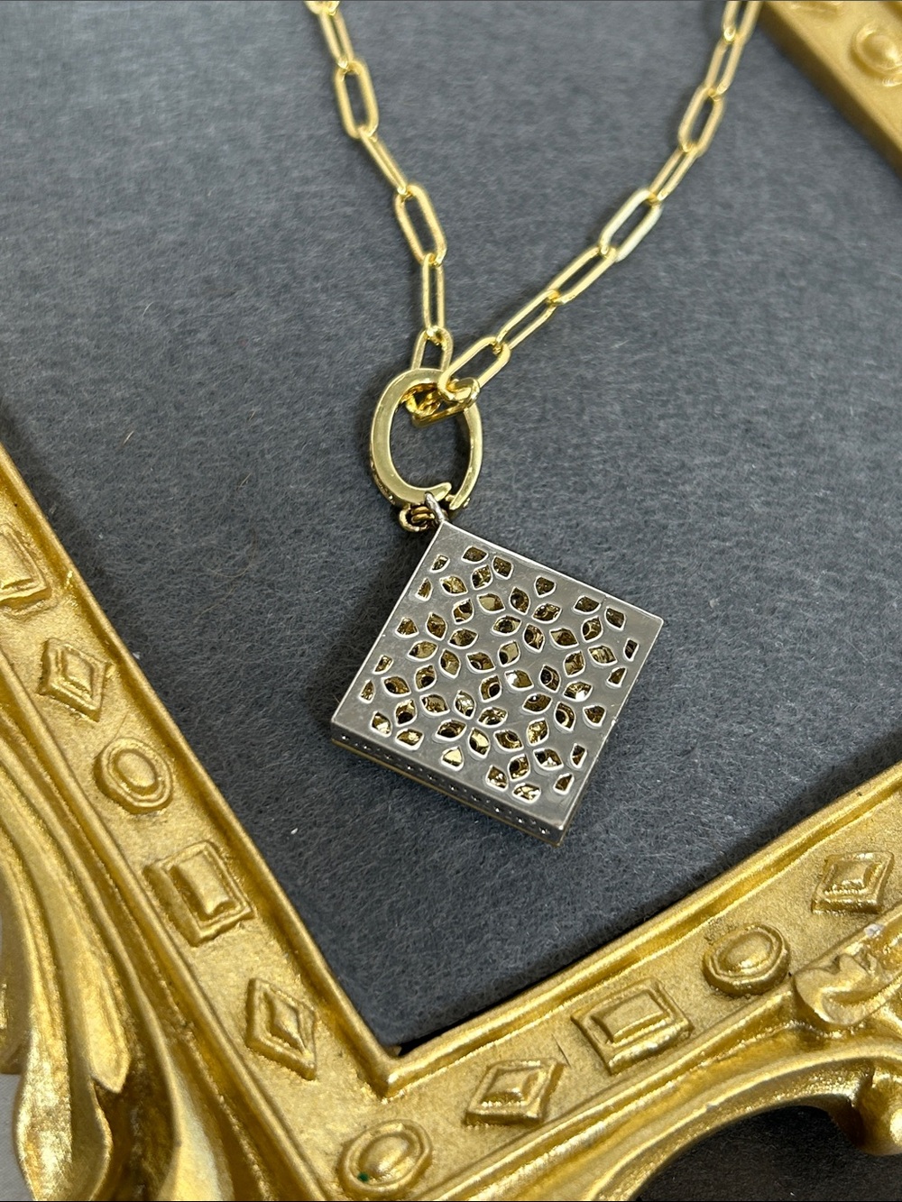 Gold Paperclip Chain Necklace with Pave Square Pendant - Women Jewelry - Picture 5 of 9